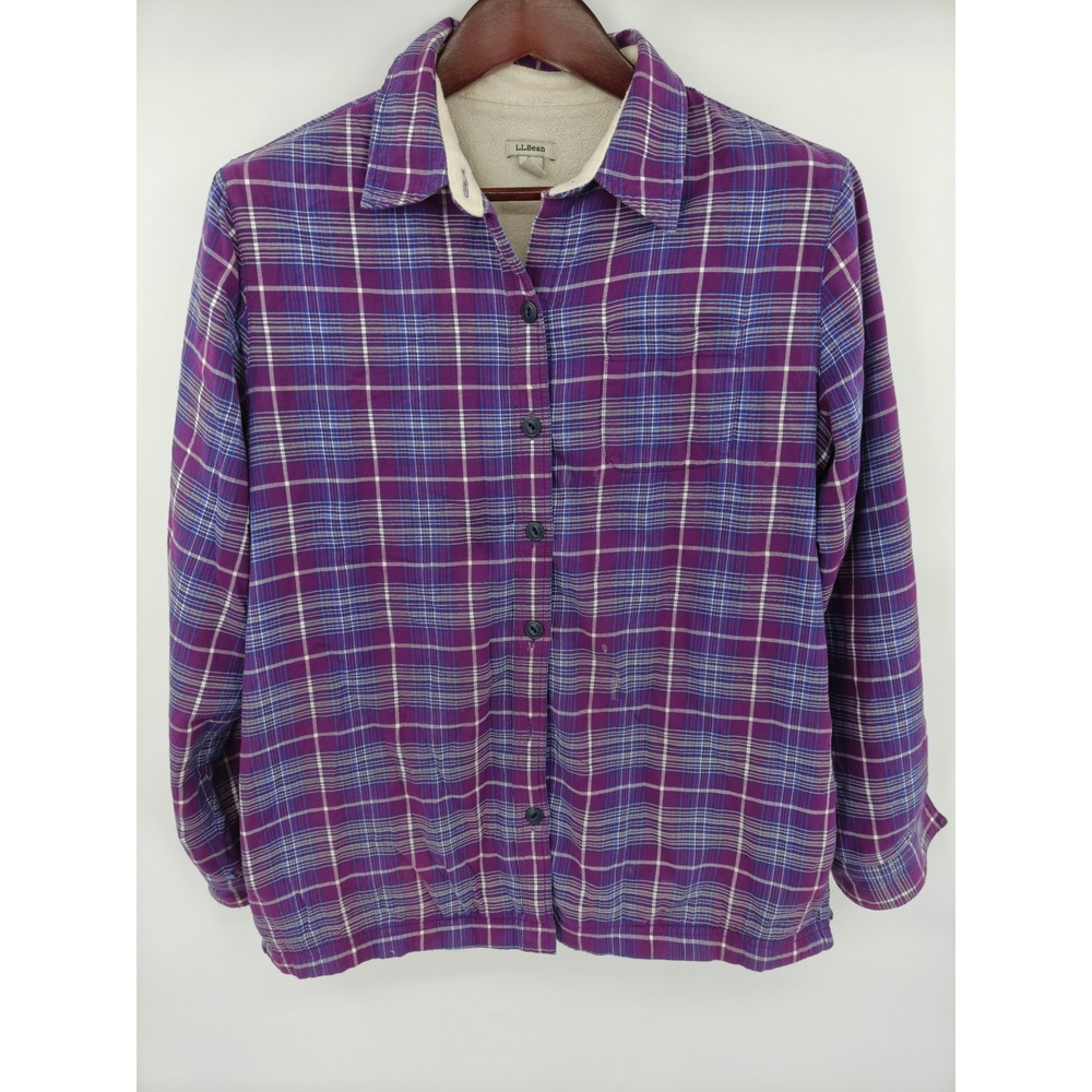 LL Bean Womens Purple Plaid Fleece Lined Flannel Shirt Jacket Shacket M 285013